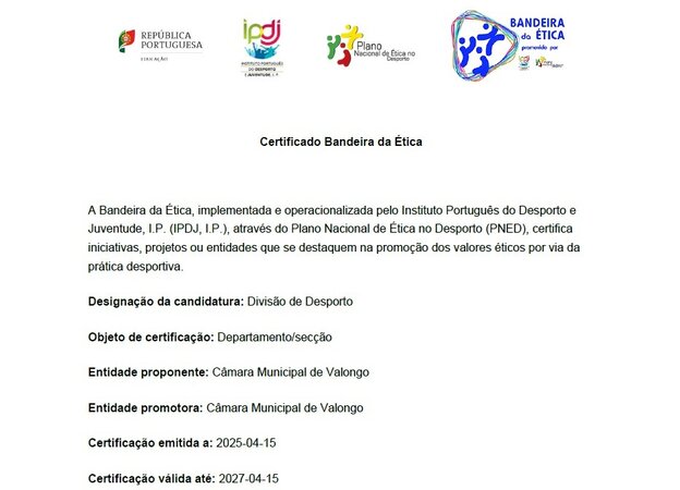Município de Valongo com Certificado Bandeira da Ética renovado